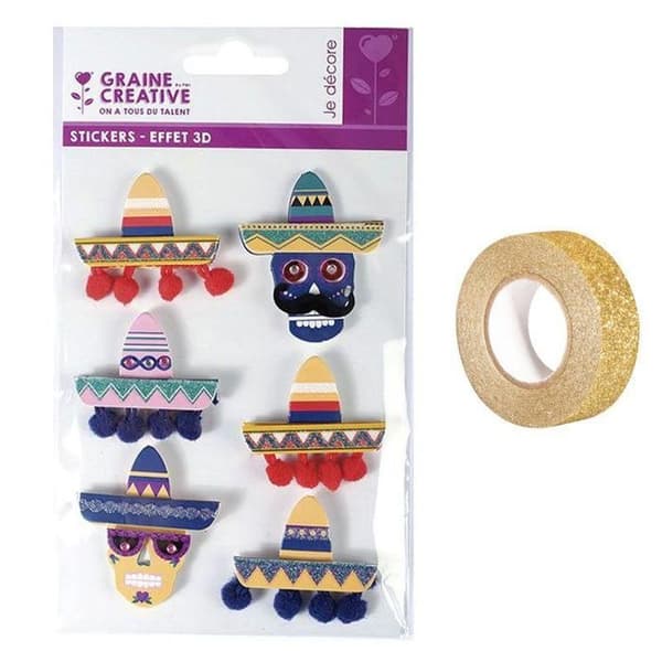 6 3D-klistermärken mexikanska hattar Sombreros 5,5 cm + gyllene glitter maskeringstejp 5 m