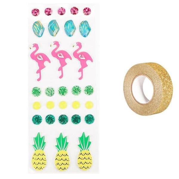 30 st 3D flamingo och ananas klistermärken + gyllene glitter maskeringstejp 5 m