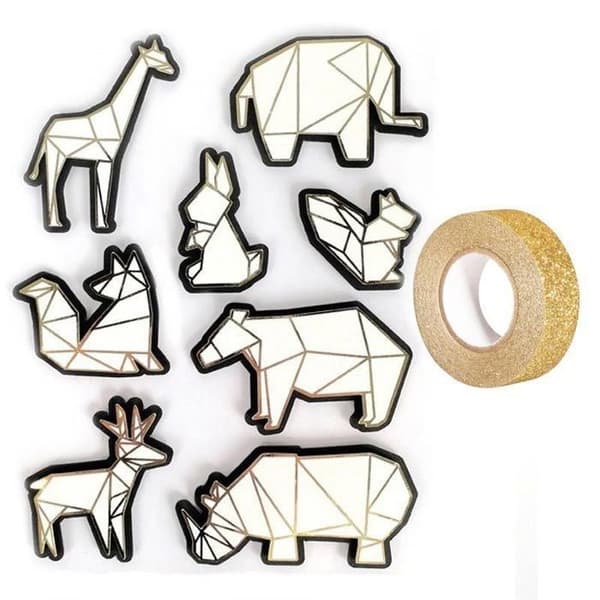 8 zoo djur 3D klistermärken 6 cm + gyllene glitter maskeringstejp 5 m