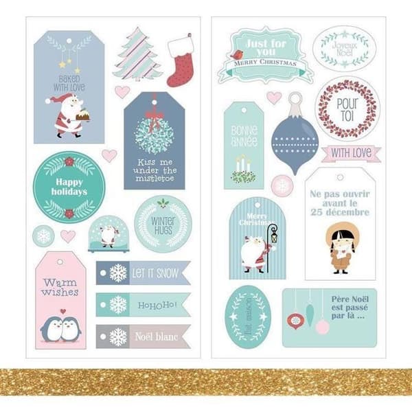 27 jultomten puffies klistermärken + gyllene glitter maskeringstejp 5 m