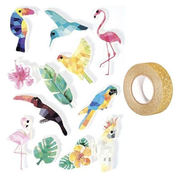 12 Tropical Birds 3D-klistermärken 6 cm + gyllene glitter maskeringstejp 5 m