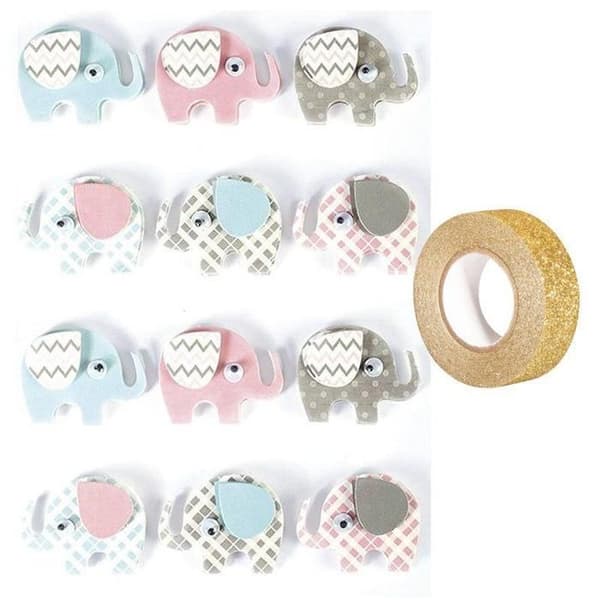 12 Elephants 3D-klistermärken 4,3 cm + gyllene glitter maskeringstejp 5 m