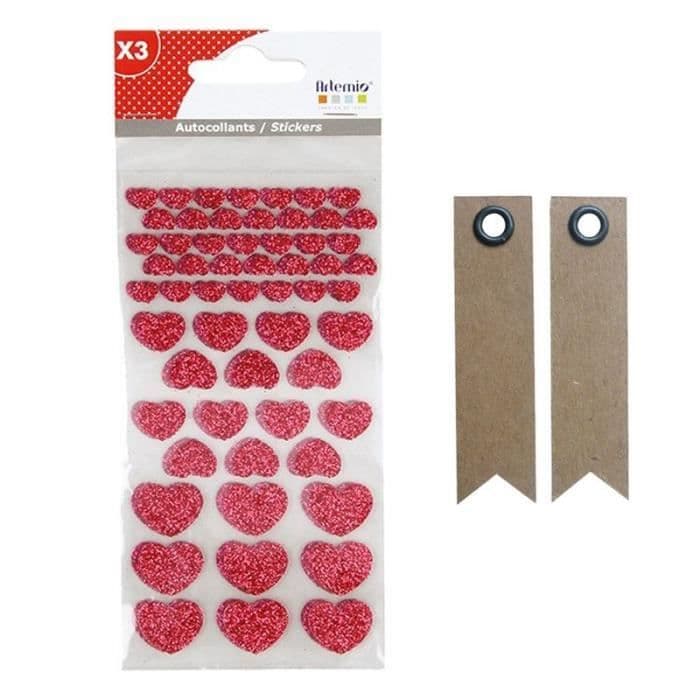 Glitterhjärtklistermärken x 174 rosa + 20 st kraftvimpeletiketter