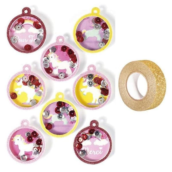 8 enhörningsbollar 3D-klistermärken 4,5 cm + gyllene glitter maskeringstejp 5 m