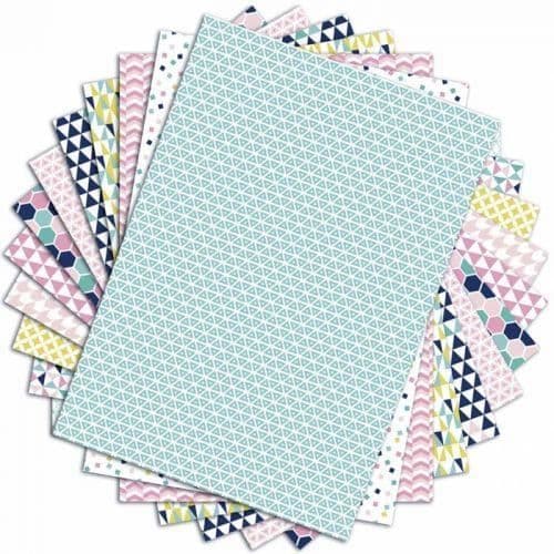 48 mönstrade A4-ark för scrapbooking och korttillverkning, med 12 olika geometriska mönster: trianglar, cirklar, fyrkanter