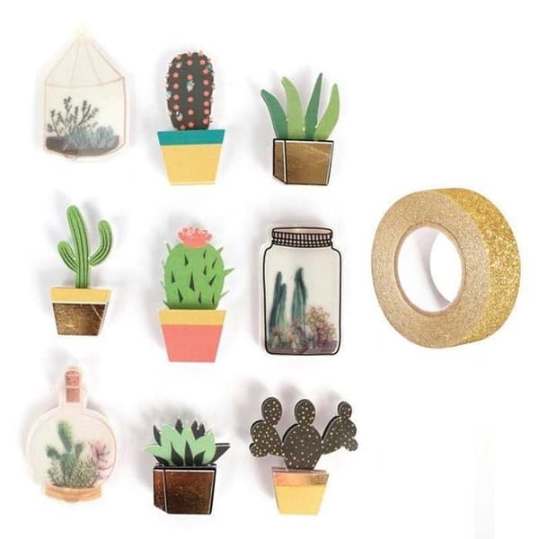 9 kaktus- och botaniska 3D-klistermärken 4 cm + gyllene glitter maskeringstejp 5 m