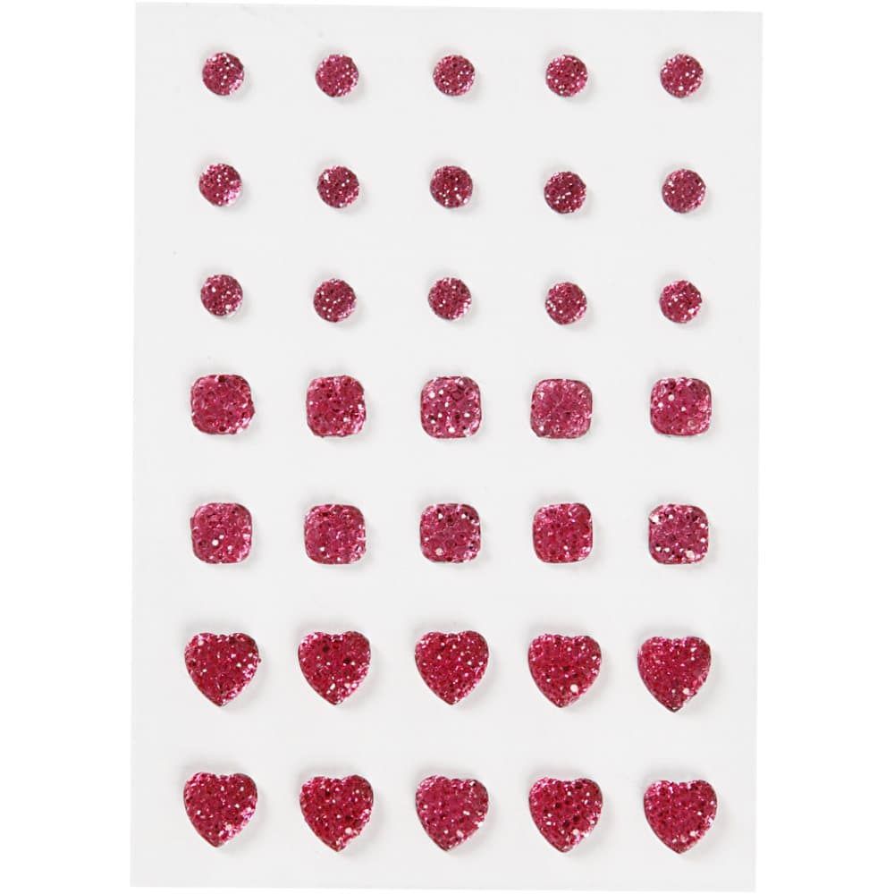 Rhinestones, rosa, (rund, fyrkant, hjärta), stl. 6+8+10 mm, 35 st./ 1 förp.
