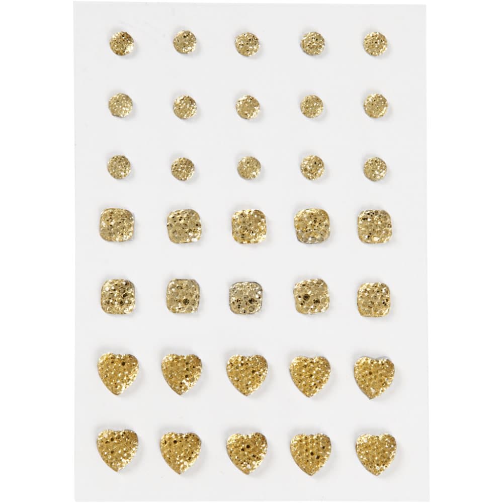 Rhinestones, guld, (rund, fyrkant, hjärta), stl. 6+8+10 mm, 35 st./ 1 förp.