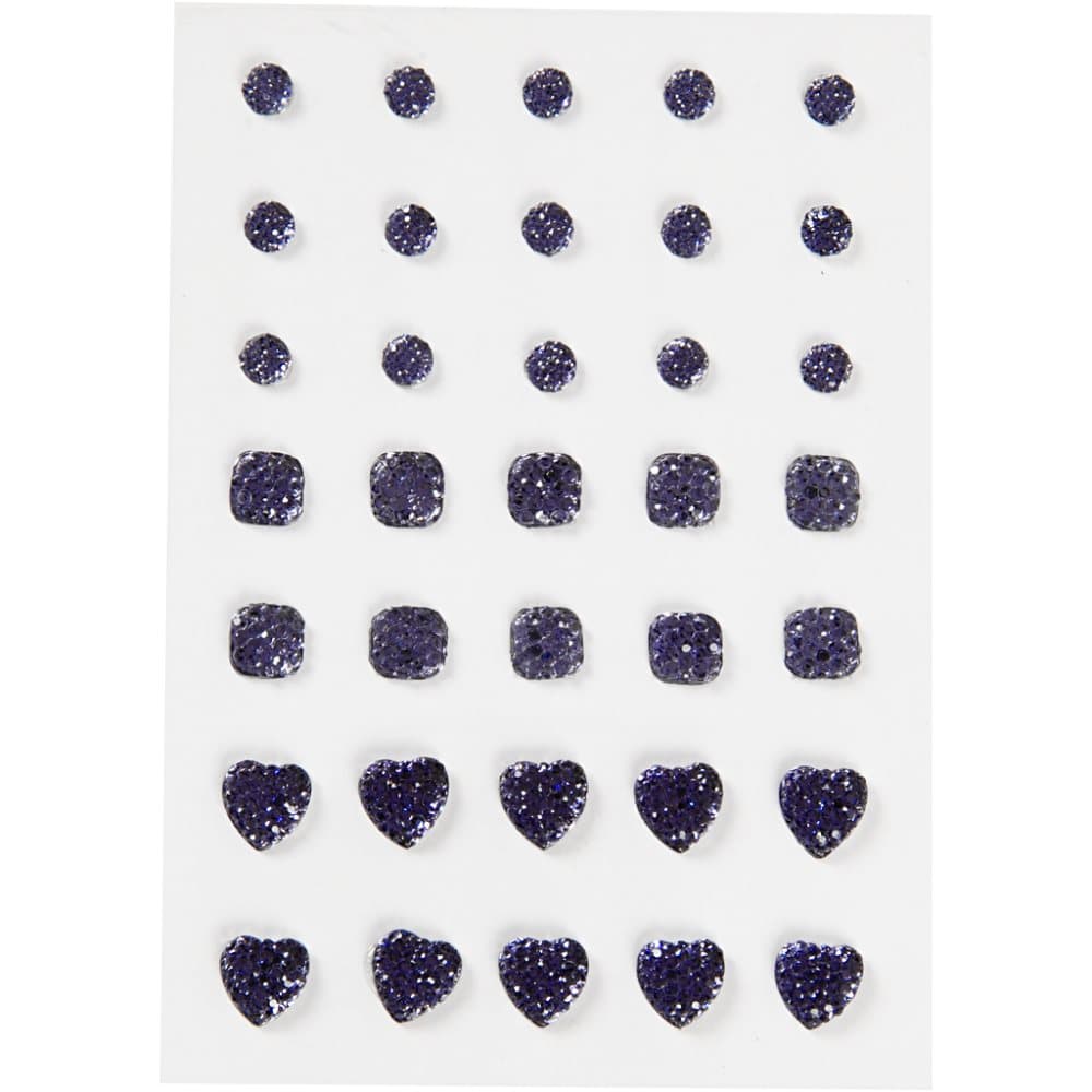 Rhinestones, blå, (rund, fyrkant, hjärta), stl. 6+8+10 mm, 35 st./ 1 förp.