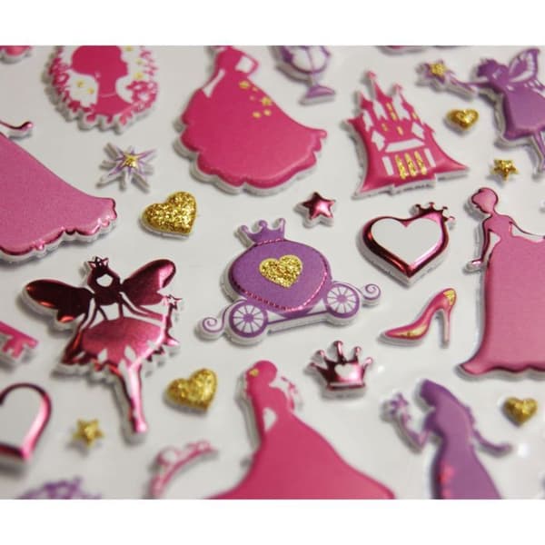 Återanvändbara klistermärken - 3D-relief - Prinsesssilhuetter - Guld och glitter