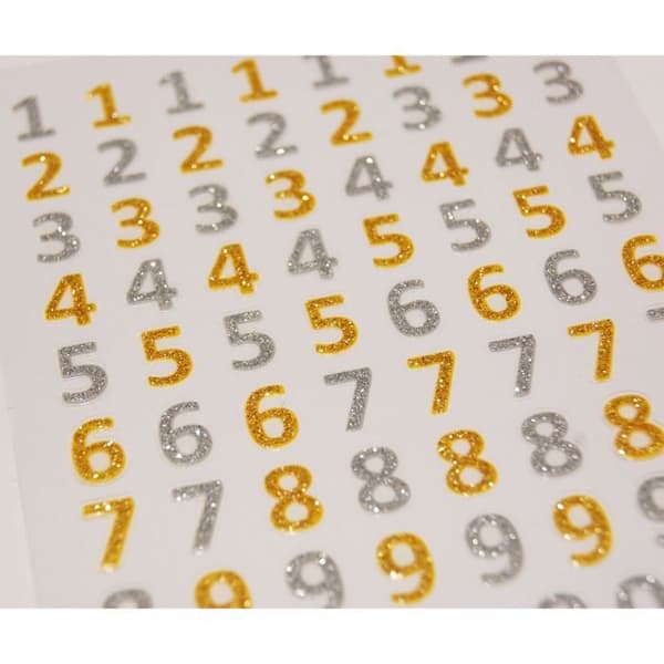 63 Nummerdekaler - Guld och silver glitter - 0,7 cm