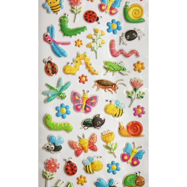 Återanvändbara klistermärken - 3D-relief - Söta insekter - Glitter