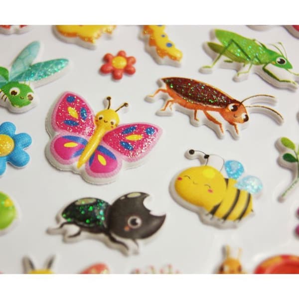 Återanvändbara klistermärken - 3D-relief - Söta insekter - Glitter