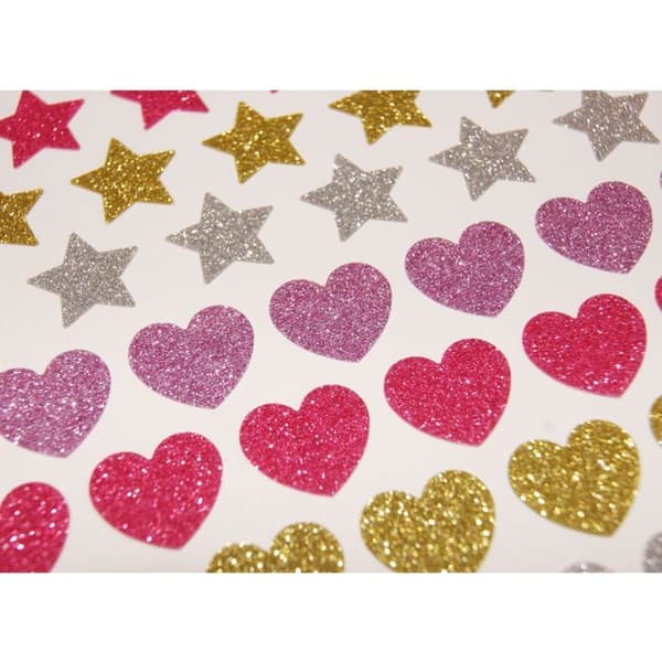 80 klistermärken - Hjärtan och stjärnor - Glitter