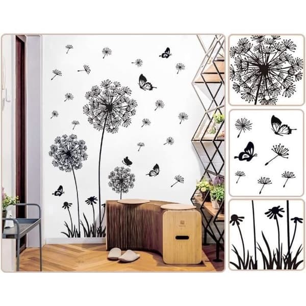 Svart Maskros Blomma Väggdekal (165x130cm) I Fjärilsväxt Gren Träd I Självhäftande Väggdekal Vardagsrum Sovrum Kök