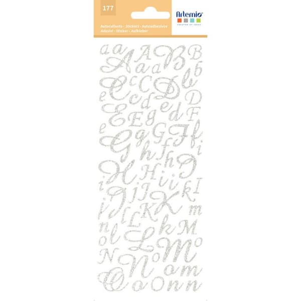 Klistret alfabet script Silver glitter 177 bokstäver