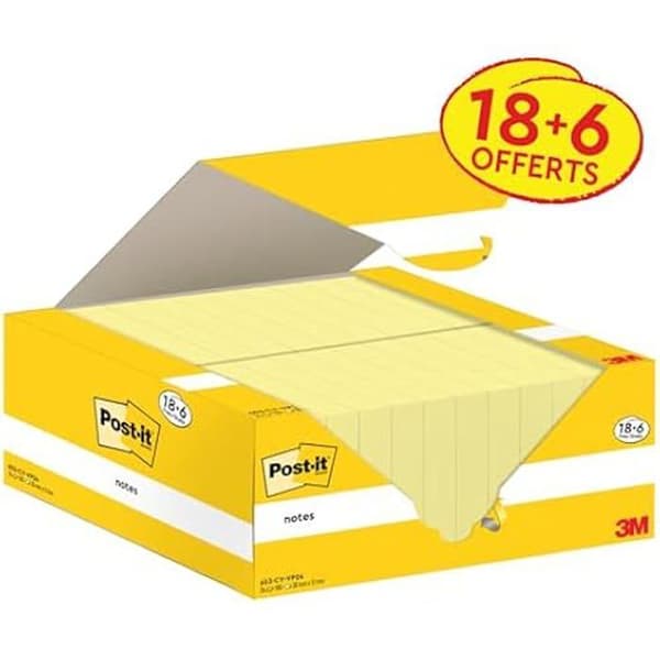 Post-it Anteckningar - POST-IT - Pack Promo 18 Block + 6 GRATIS - 100 Ark - Kanariegul - 38 mm x 51 mm