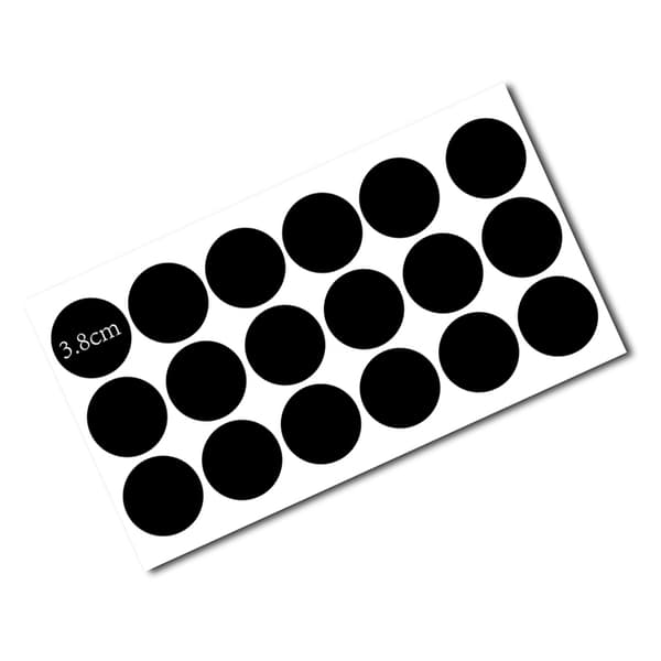 INF Uudelleenkäytettävät liitutaulutarrat, 18 kpl (38 mm) pyöreät mustat PVC-tarrat