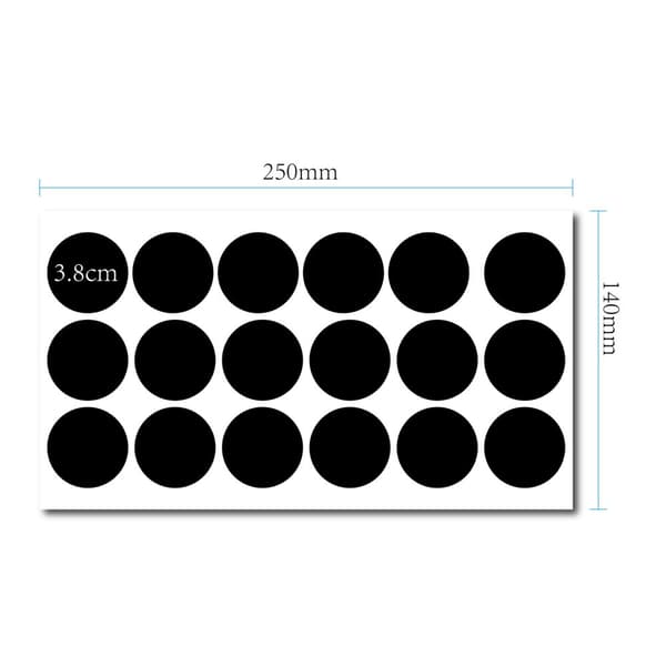 INF Uudelleenkäytettävät liitutaulutarrat, 18 kpl (38 mm) pyöreät mustat PVC-tarrat