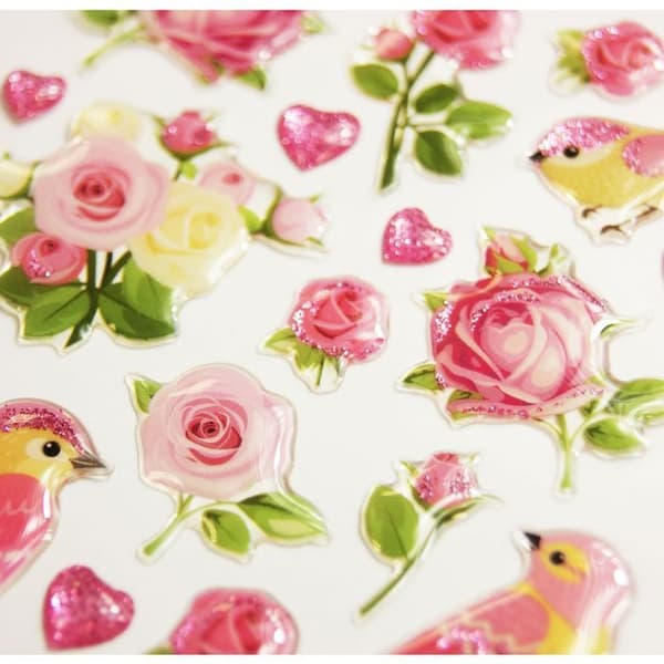 Klistermärken - Romantiska blommor och fåglar - Glitter - Epoxi