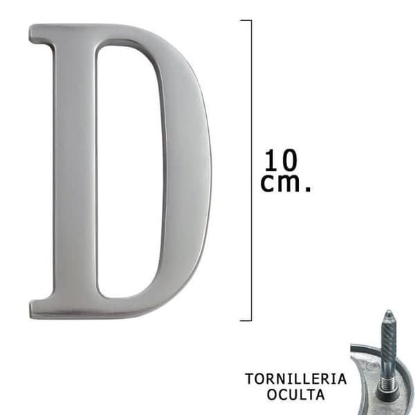 Letra Metal 'D' Plateada Mate 10 cm. med Tornilleria Oculta (Blister 1 Piece)