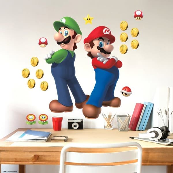 Klistermärken - självhäftande bokstäver Roommates - RMK5223GM - Giant Super Mario Bros. och omplacerbar Luigi