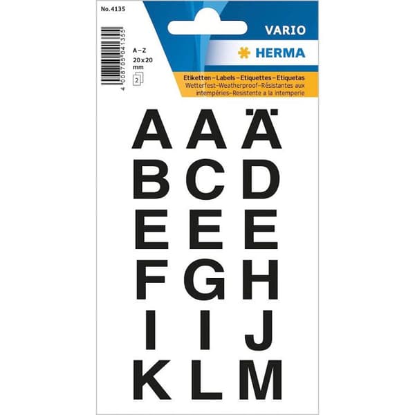 Självhäftande bokstäver A-Z - HERMA - 20 x 20 mm - Väderbeständiga - Svart - Transparent film