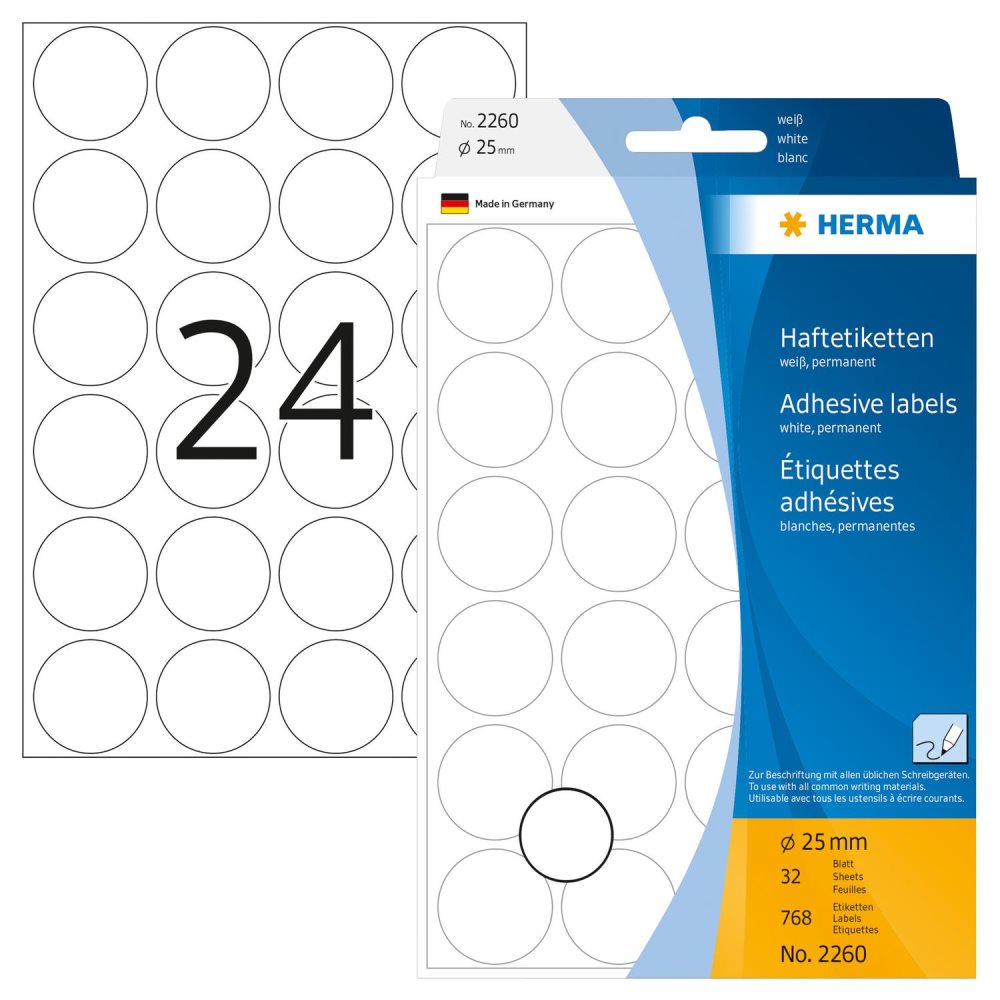 Märketiketter/Signaletiketter, runda etiketter, Herma 2260 Ø 25mm, permanent, Vit 768/fp (24 etiketter/ark)
