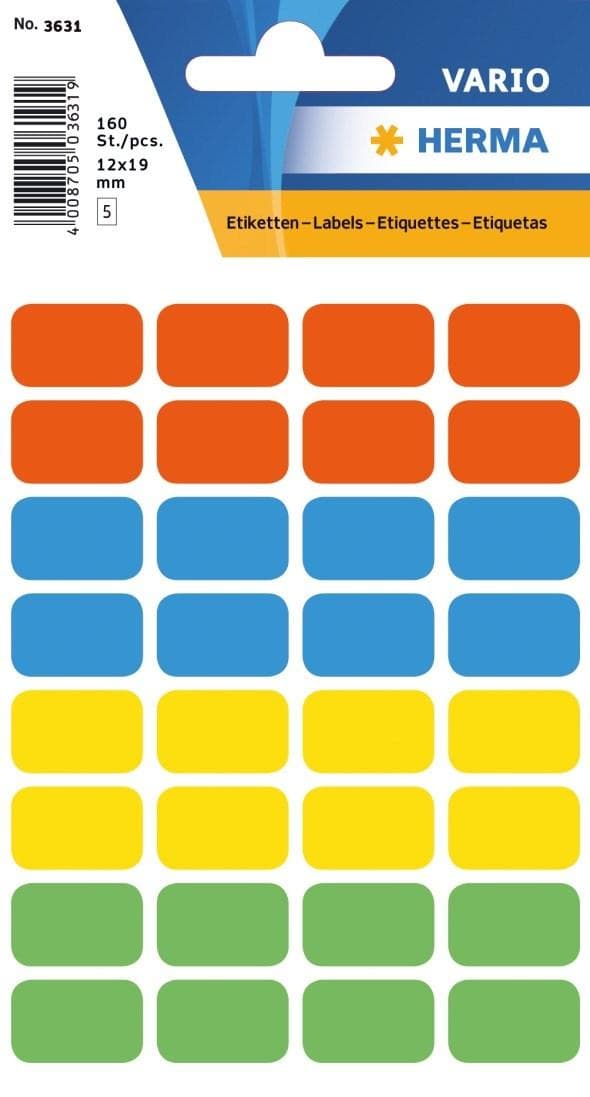 Märketikett Universaletiketter Herma Vario 3631 12x19mm permanent, 4 färger x 40 etiketter/fp