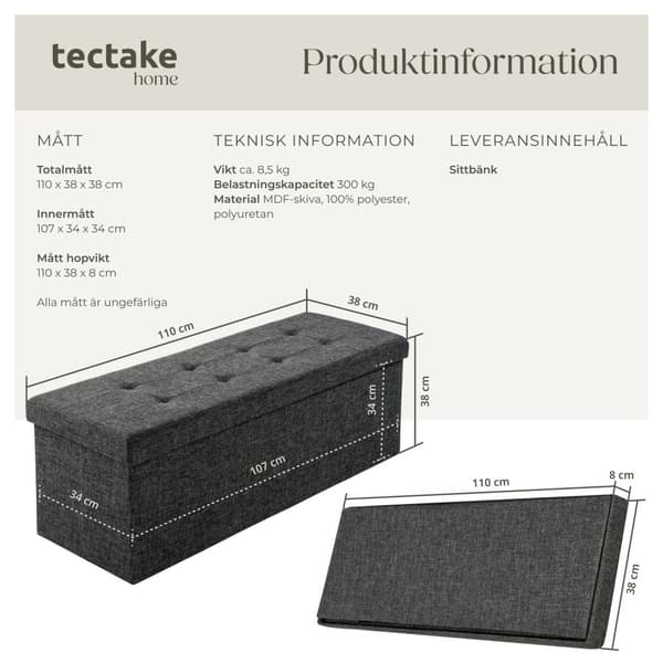 Hopfällbar sittbänk med förvaringsutrymme 110 x 38 cm - mörkgrå