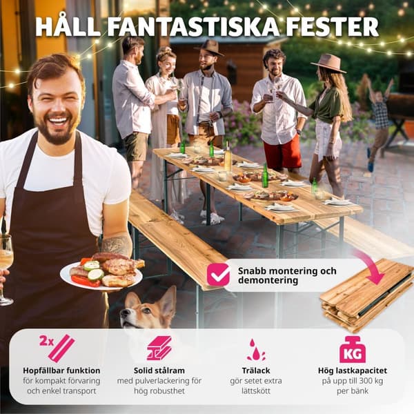 Bord- och bänkset, 3-delad, hopfällbar - brun