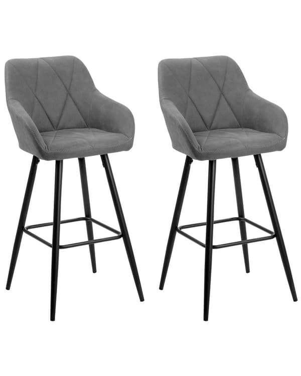 Barstole Grå Polyester med Metalben Sæt 104 x 47 x 47 cm Høj Counterstole med Arme og Ryglæn i Quiltet Rombe Mønster til Køkken Barbord Dekor