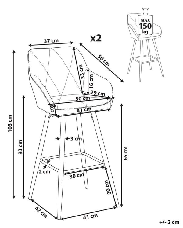 Barstole Blå Polyester med Metalben Sæt 104 x 47 x 47 cm Høj Counterstole med Arme og Ryglæn i Quiltet Rombe Mønster til Køkken Barbord Dekor