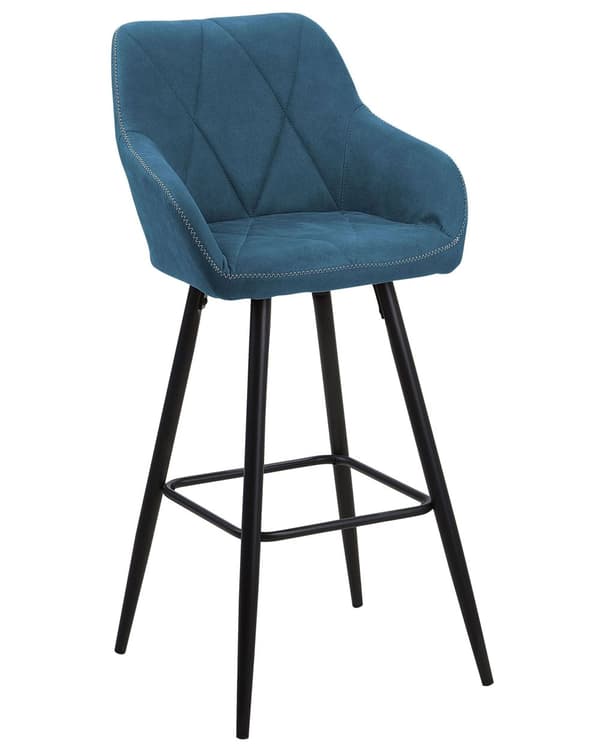 Barstole Blå Polyester med Metalben Sæt 104 x 47 x 47 cm Høj Counterstole med Arme og Ryglæn i Quiltet Rombe Mønster til Køkken Barbord Dekor