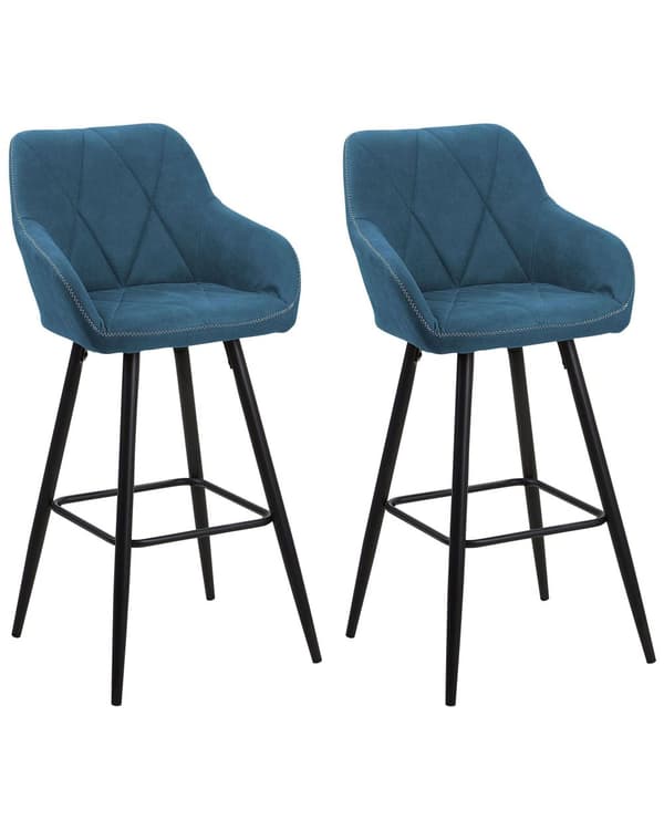 Barstole Blå Polyester med Metalben Sæt 104 x 47 x 47 cm Høj Counterstole med Arme og Ryglæn i Quiltet Rombe Mønster til Køkken Barbord Dekor