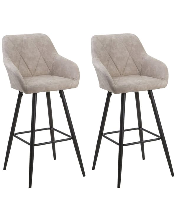 Barstole Beige Polyester Metalben Sæt 104 x 47 x 47 cm Høj Counterstole med Arme og Ryglæn i Quiltet Rombe Mønster til Køkken Barbord Dekor
