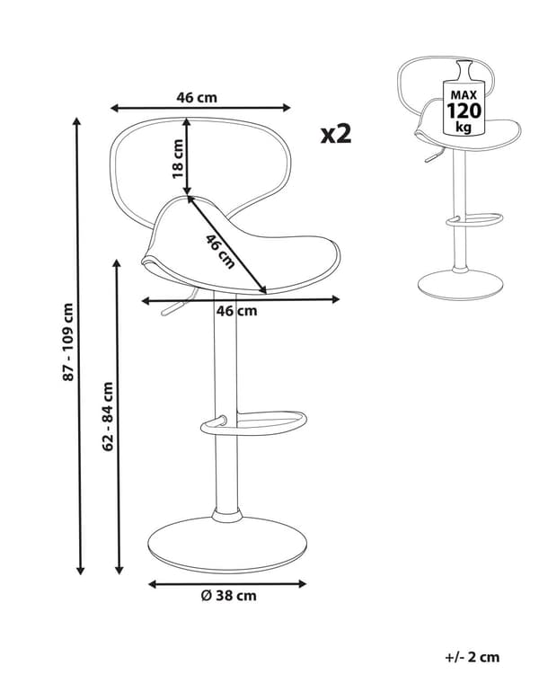 Set med 2 barstolar Svart Konstläder Fotpall Svängbar Gaslyft Justerbar höjd Glamour