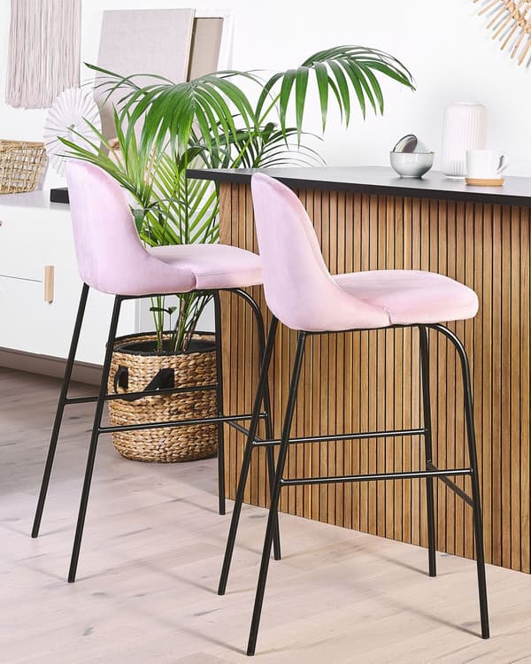Set av 2 Barstolar Rosa Sammetsklädsel Svarta Metallben Industriell