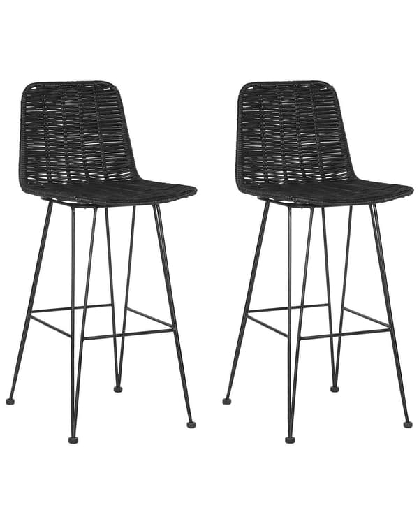 Barstole Sort Rattan med Sort Metalben Sæt 103 x 47 x 43 Flet Stole til Køkkenø Træ med Ryglæn Fodstøtte og Anti Rids Dupper Inspireret Boho