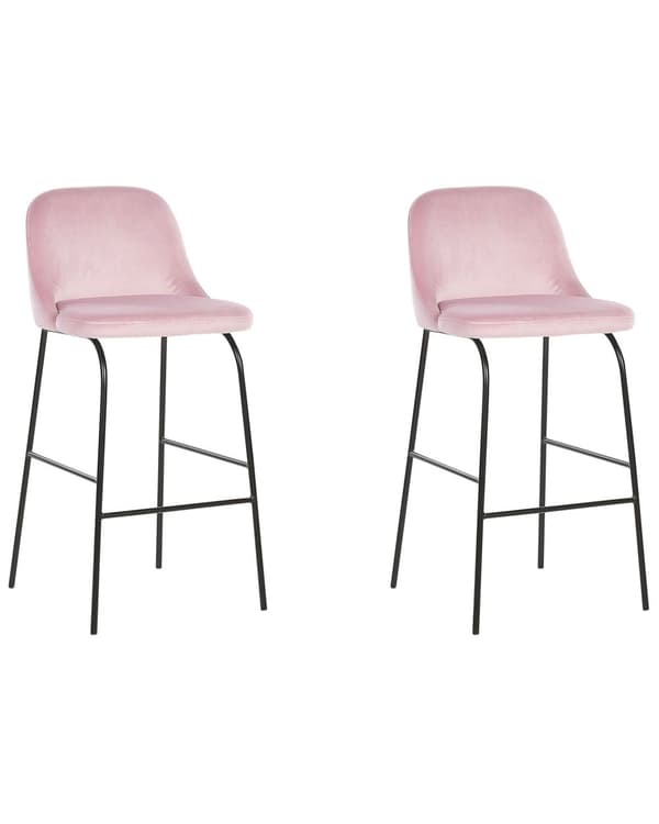 Sæt med 2 Rosa Barstole Betrukket med Velour Sorte Metalben Industriel Stil