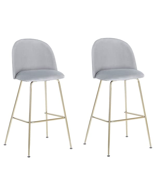 Set av 2 Barstolar Grå Sammetsklädsel Guld Stålram Höjd Sits Matsal Möbler Glam Design