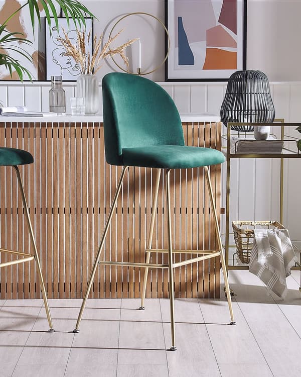 Barstole Grøn Velour Stof med Guld Stålstel Sæt af 2 114 x 54 x 52 cm Moderne Blød Retro Design Køkken Spisestuemøbel Indretning Skandinavisk