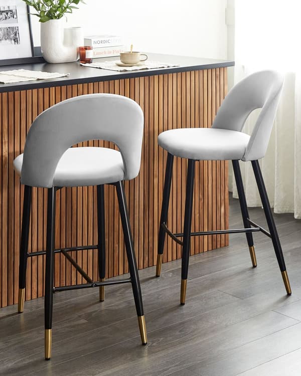 Set av 2 Barstolar Korallröd Sammet Svart Stål Retro Design Guld Ändar Matsal