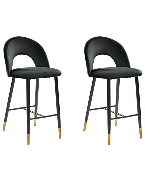Set av 2 Barstolar Korallröd Sammet Svart Stål Retro Design Guld Ändar Matsal