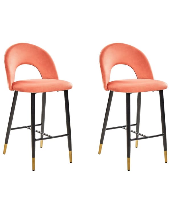 Baarituoli korallinpunainen 2 kpl samettiverhoilu teräs vaneri jalkatuet retro moderni