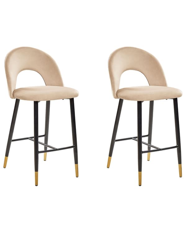 Baarituoli beige 2 kpl samettiverhoilu teräs vaneri jalkatuet retro moderni