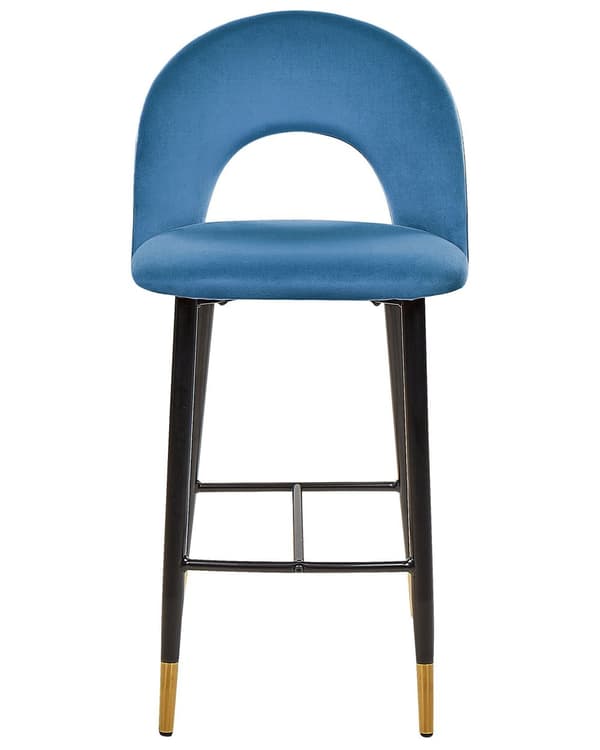 Barstole Blå Velour med Sort Guld Stål 48 x 96 x 50 cm Høj Køkkenstole Retro Rund Ryglæn Koniske Ben Fodstøtte Design Counterstol til Barbord
