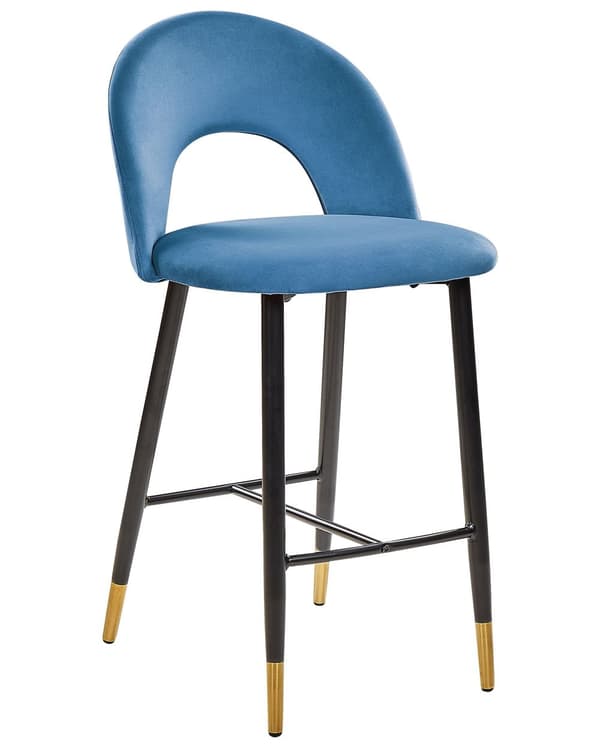 Barstole Blå Velour med Sort Guld Stål 48 x 96 x 50 cm Høj Køkkenstole Retro Rund Ryglæn Koniske Ben Fodstøtte Design Counterstol til Barbord