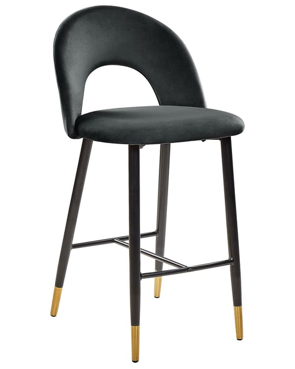 Barstole Sort Velour med Sort Guld Stål 48 x 96 x 50 cm Høj Køkkenstole Retro Rund Ryglæn Koniske Ben Fodstøtte Design Counterstol til Barbord