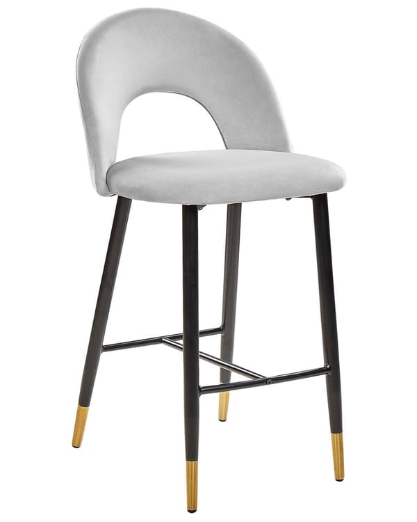 Barstole Grå Velour med Sort Guld Stål 48 x 96 x 50 cm Høj Køkkenstole Retro Rund Ryglæn Koniske Ben Fodstøtte Design Counterstol til Barbord
